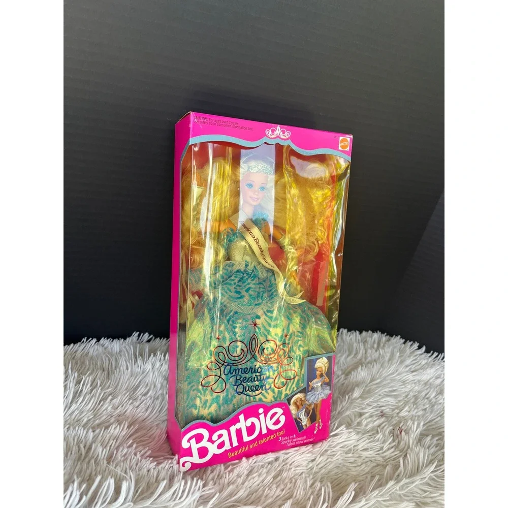 Vintage 1991 Mattel American Beauty Queen Barbie Doll 3137 NIB Teal Gold Gown
